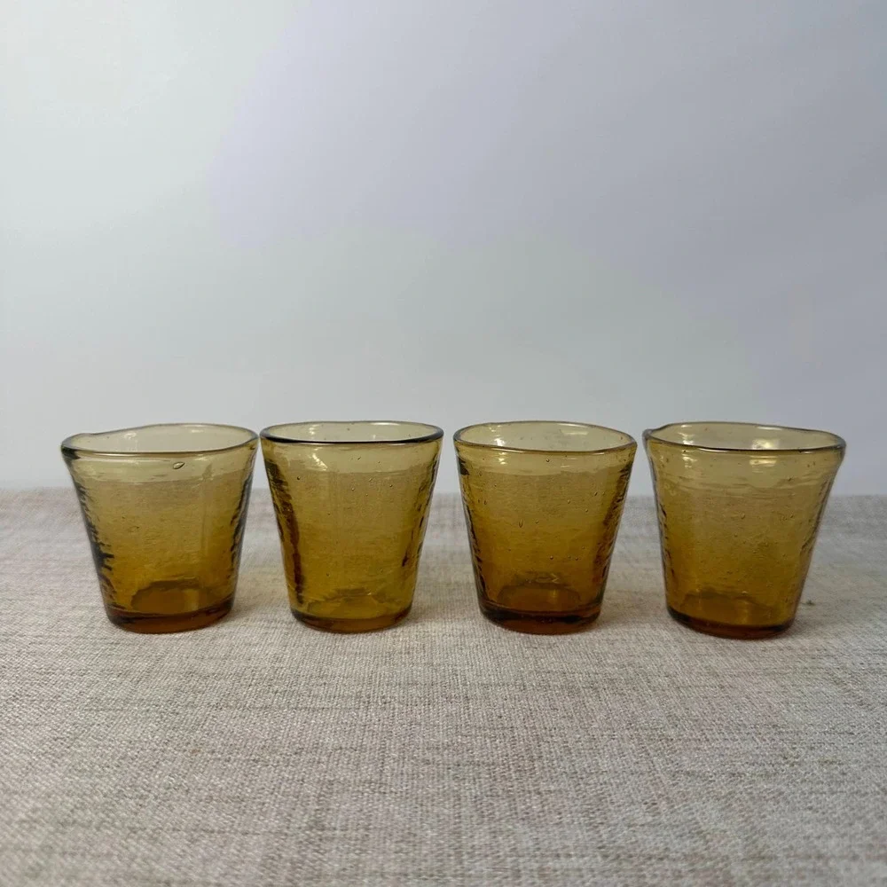 Hand Blown Amber Glass Petite Tumblers Set of 4 Pontil Bubble Art Glass Cups